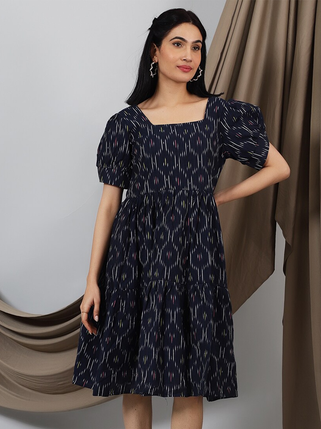 

INDOPHILIA Floral Printed Fit & Flare Dress, Black
