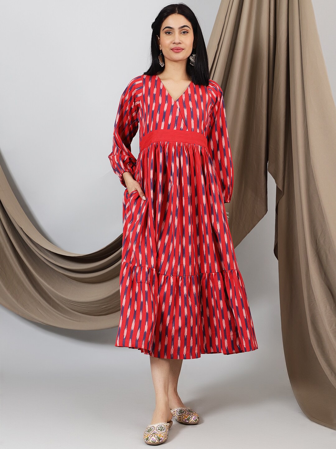 

INDOPHILIA Geometric Printed Empire Midi Dress, Red