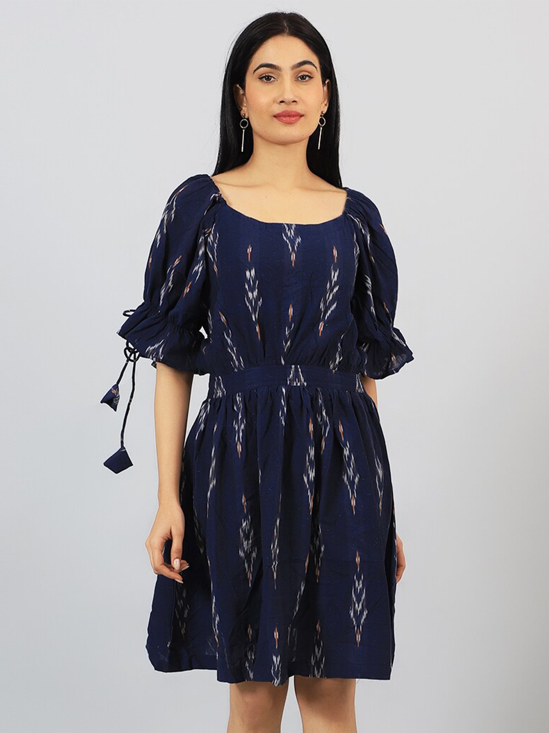 

INDOPHILIA Floral Printed Bell Sleeve Fit & Flare Dress, Blue