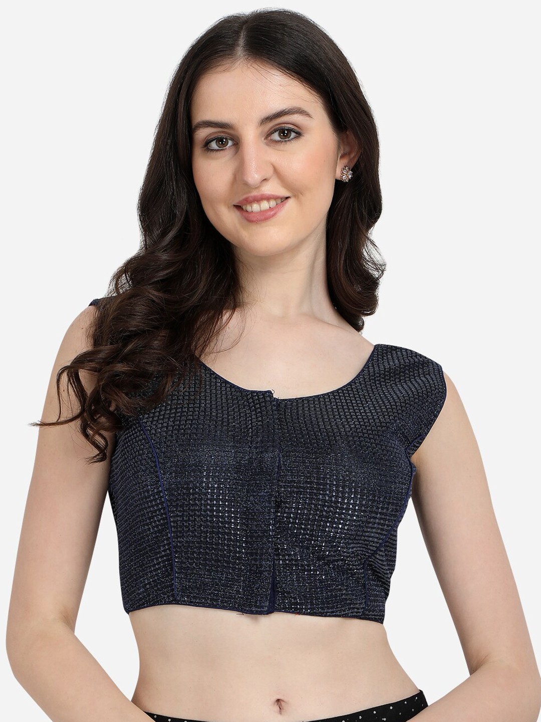

KALINI Solid Silk Round Neck Saree Blouse, Navy blue