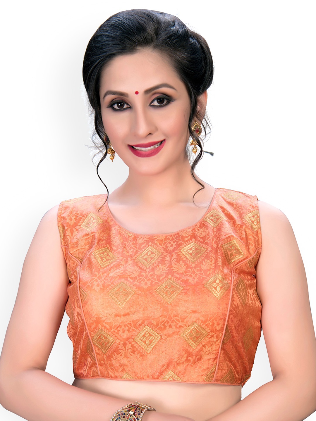 

KALINI Printed Saree Blouse, Peach