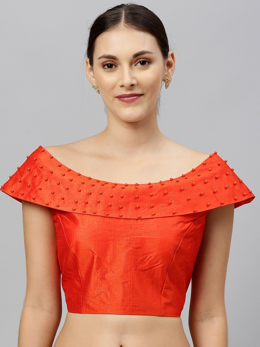 

KALINI Boat Neck Beads & Stones Silk Saree Blouse, Orange