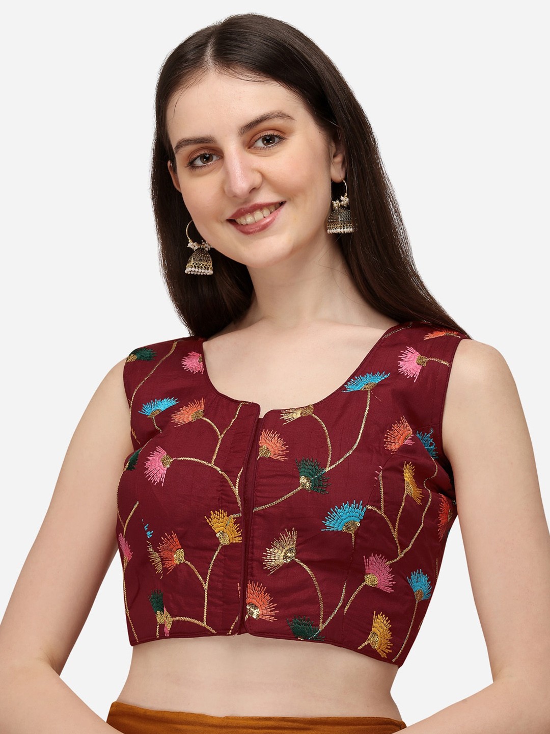 

KALINI Embroidered Thread Work Round Neck Saree Blouse, Maroon