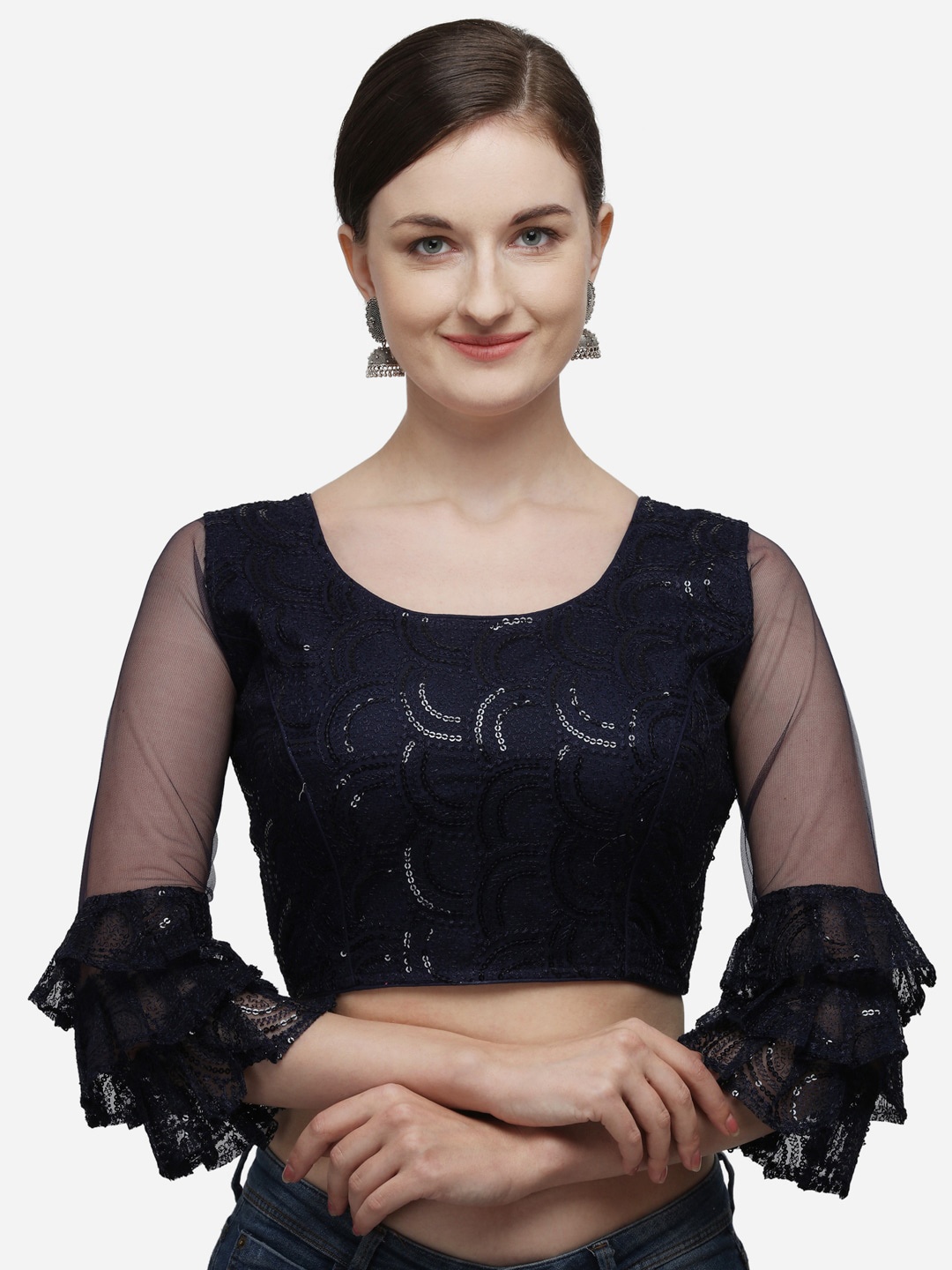 

KALINI Embellished Brocade Saree Blouse, Navy blue