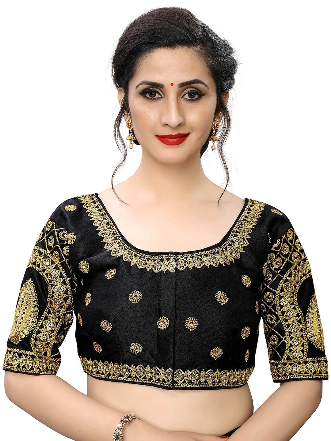 

KALINI Embroidered Round Neck Saree Blouse, Black