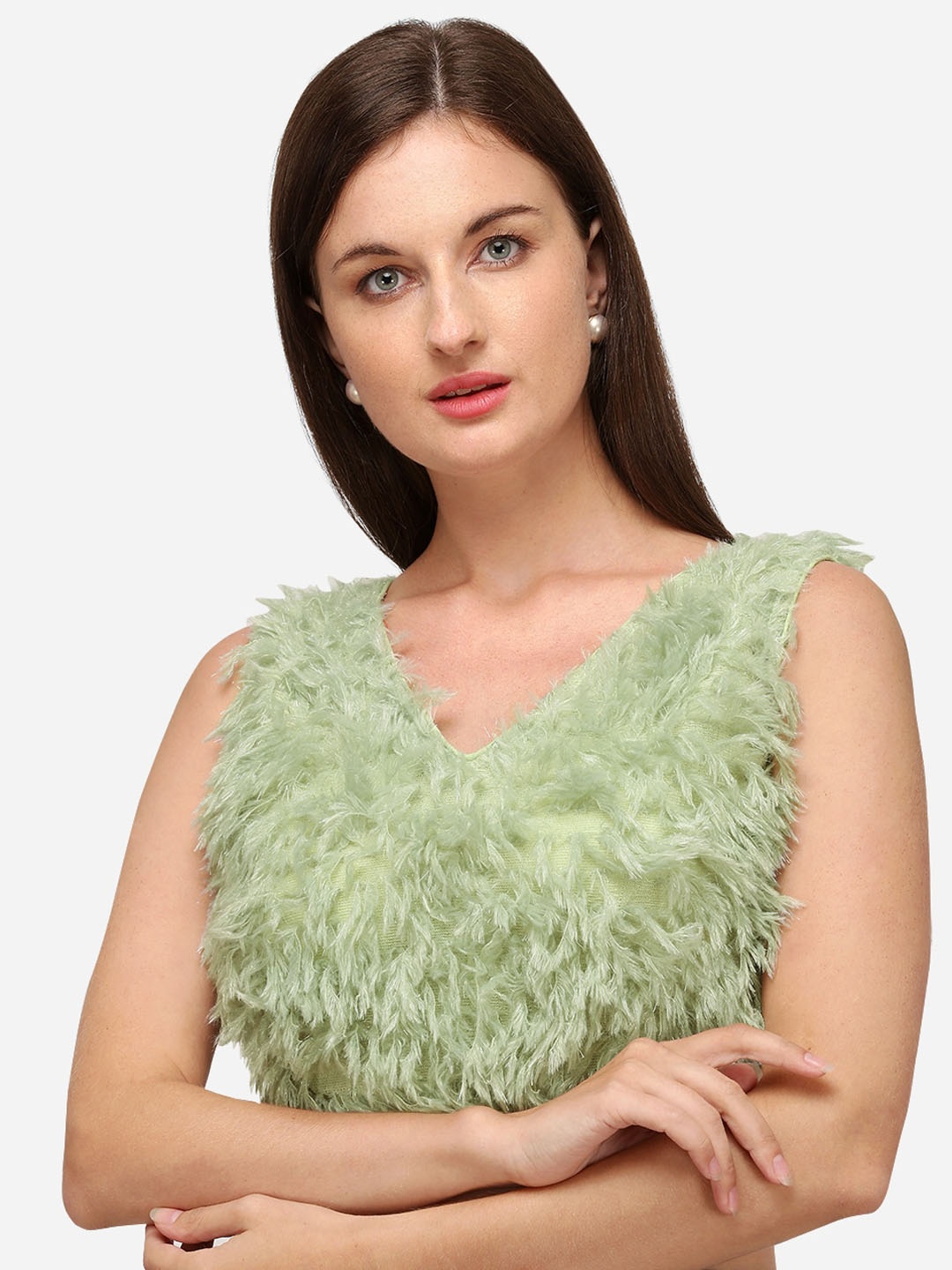 

KALINI V-Neck Fur Detail Silk Saree Blouse, Green