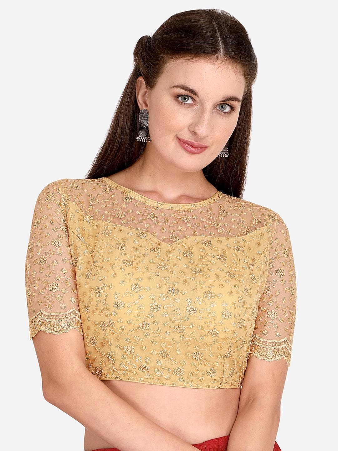 

KALINI Embroidered Boat Neck Saree Blouse, Beige