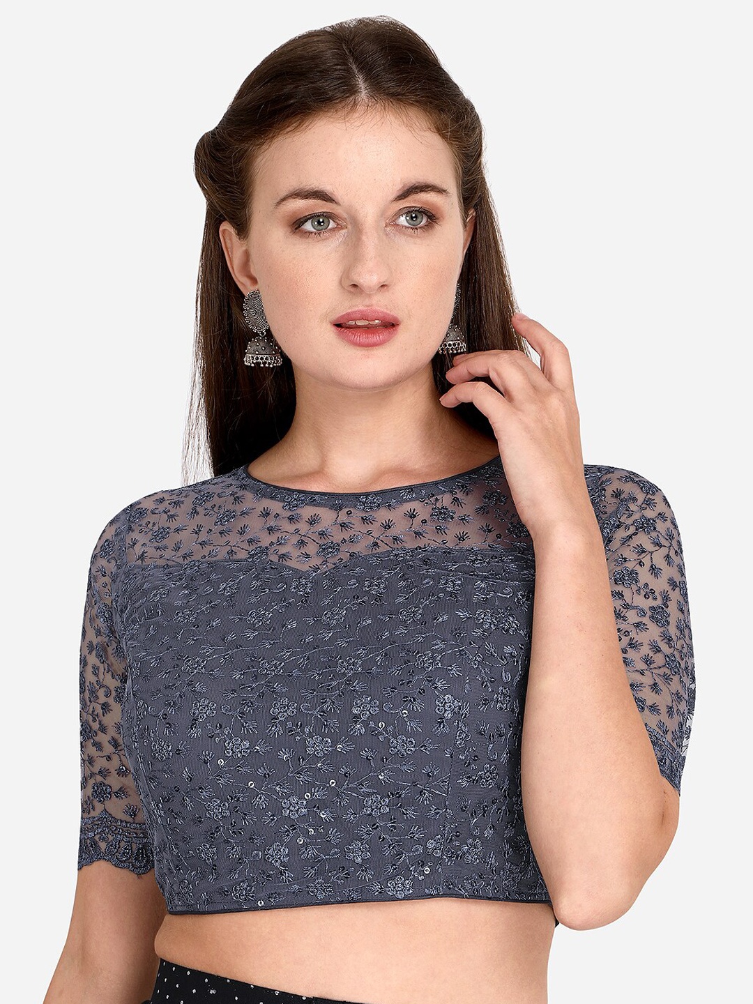 

KALINI Embroidered Boat Neck Saree Blouse, Grey