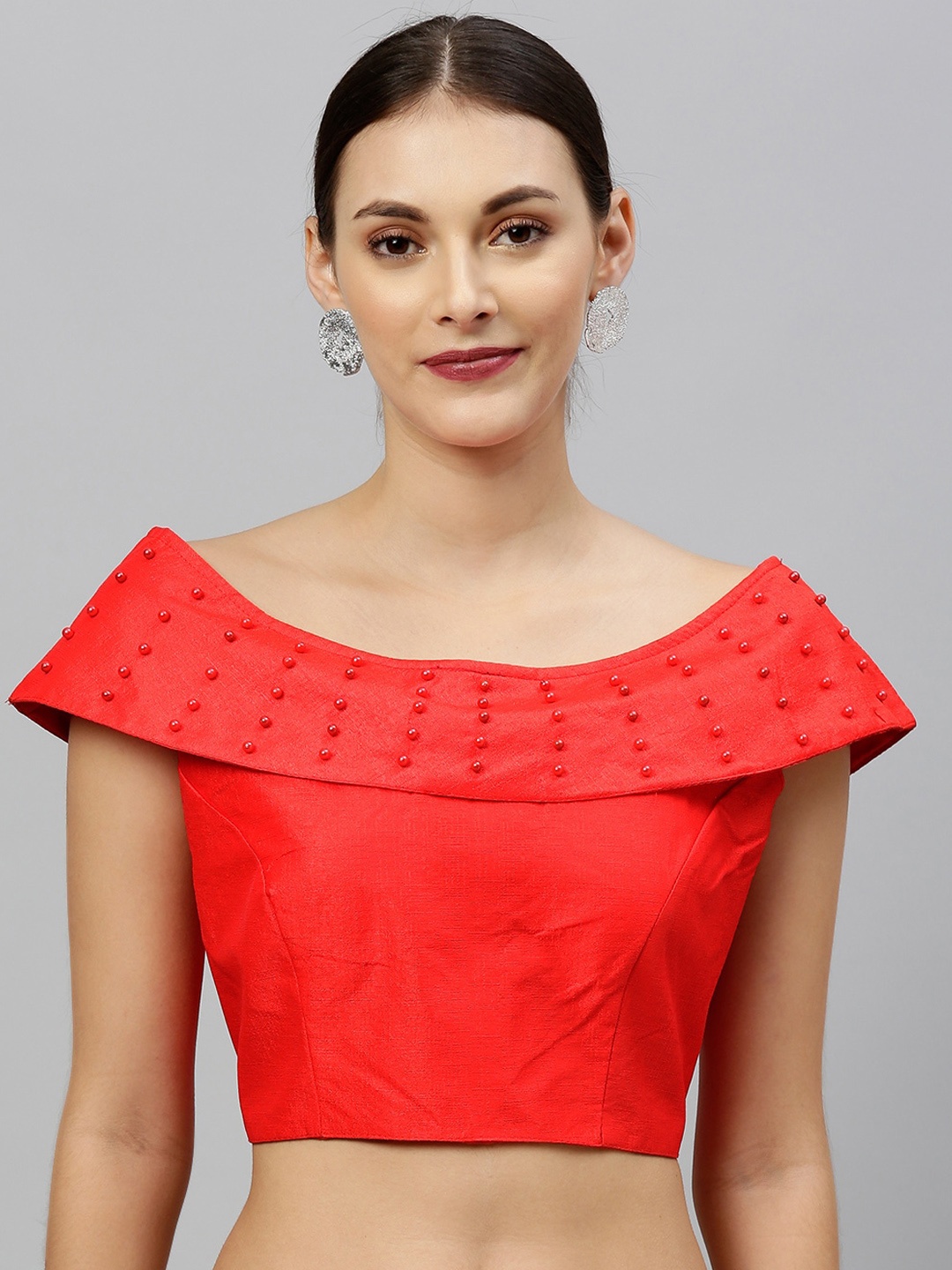 

KALINI Beaded Boat Neck Saree Blouse, Red
