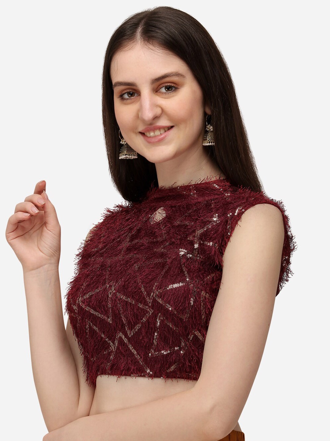 

KALINI Embellished Boat Neck Saree Blouse, Red