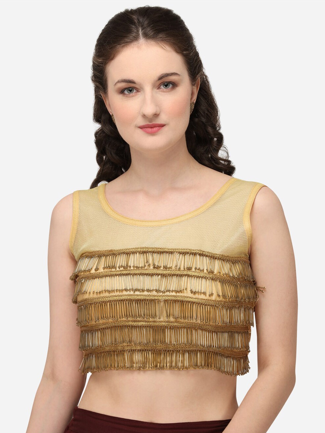 

KALINI Embroidered Round Neck Saree Blouse, Beige