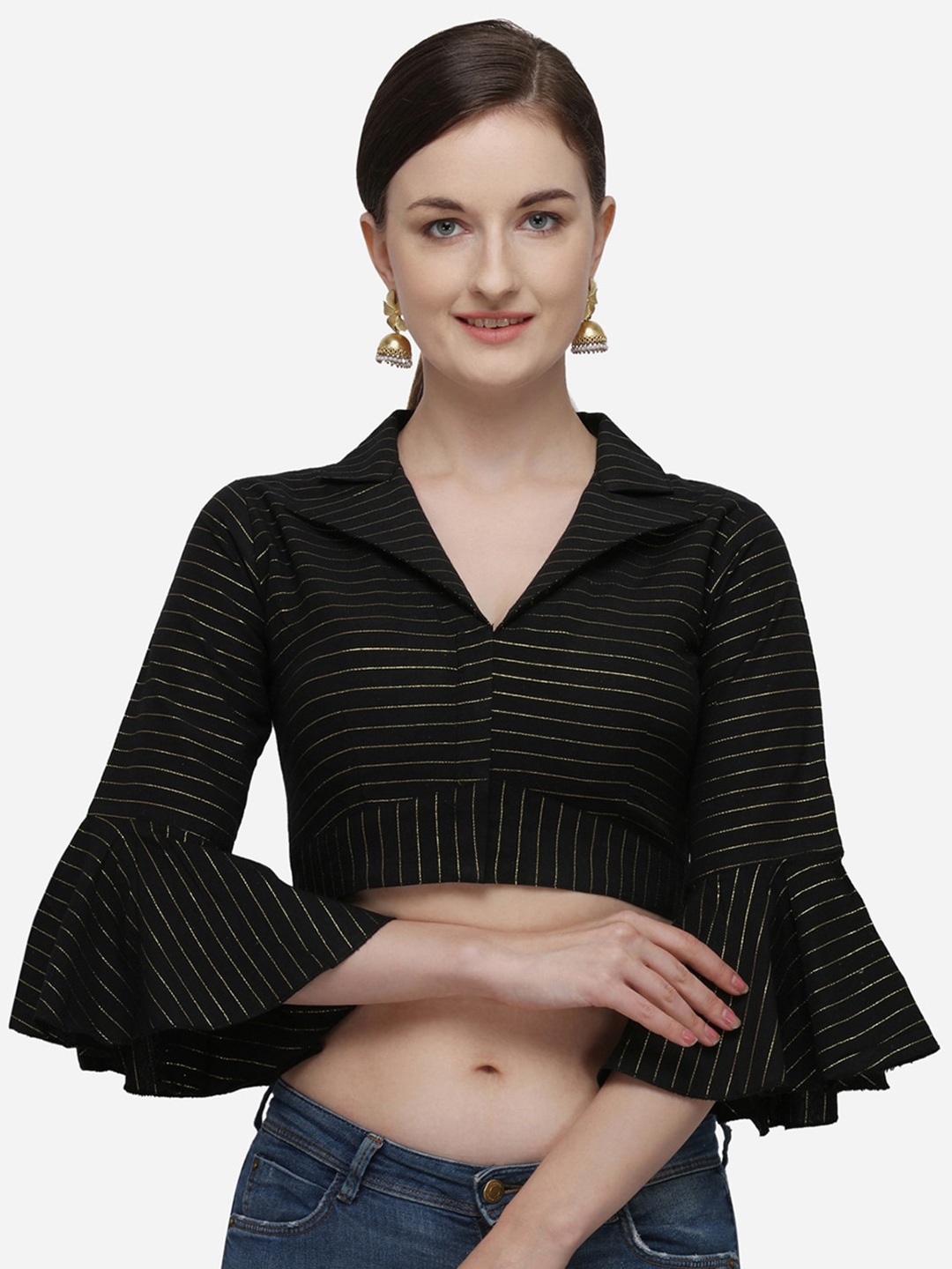 

KALINI Striped Silk Collar Neck Zari Saree Blouse, Black