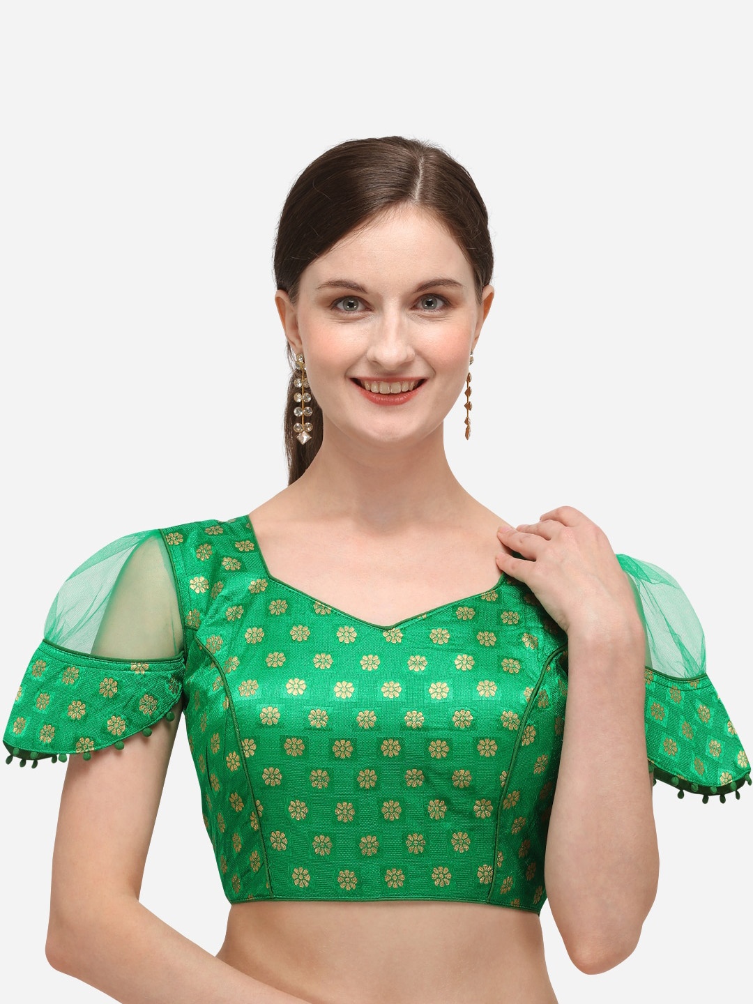 

KALINI Printed V-Neck Saree Blouse, Green