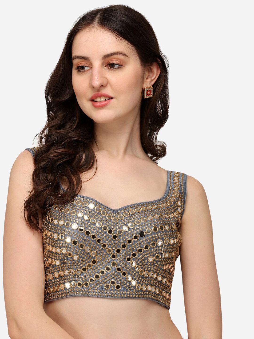 

KALINI Embroidered Silk Saree Blouse, Grey
