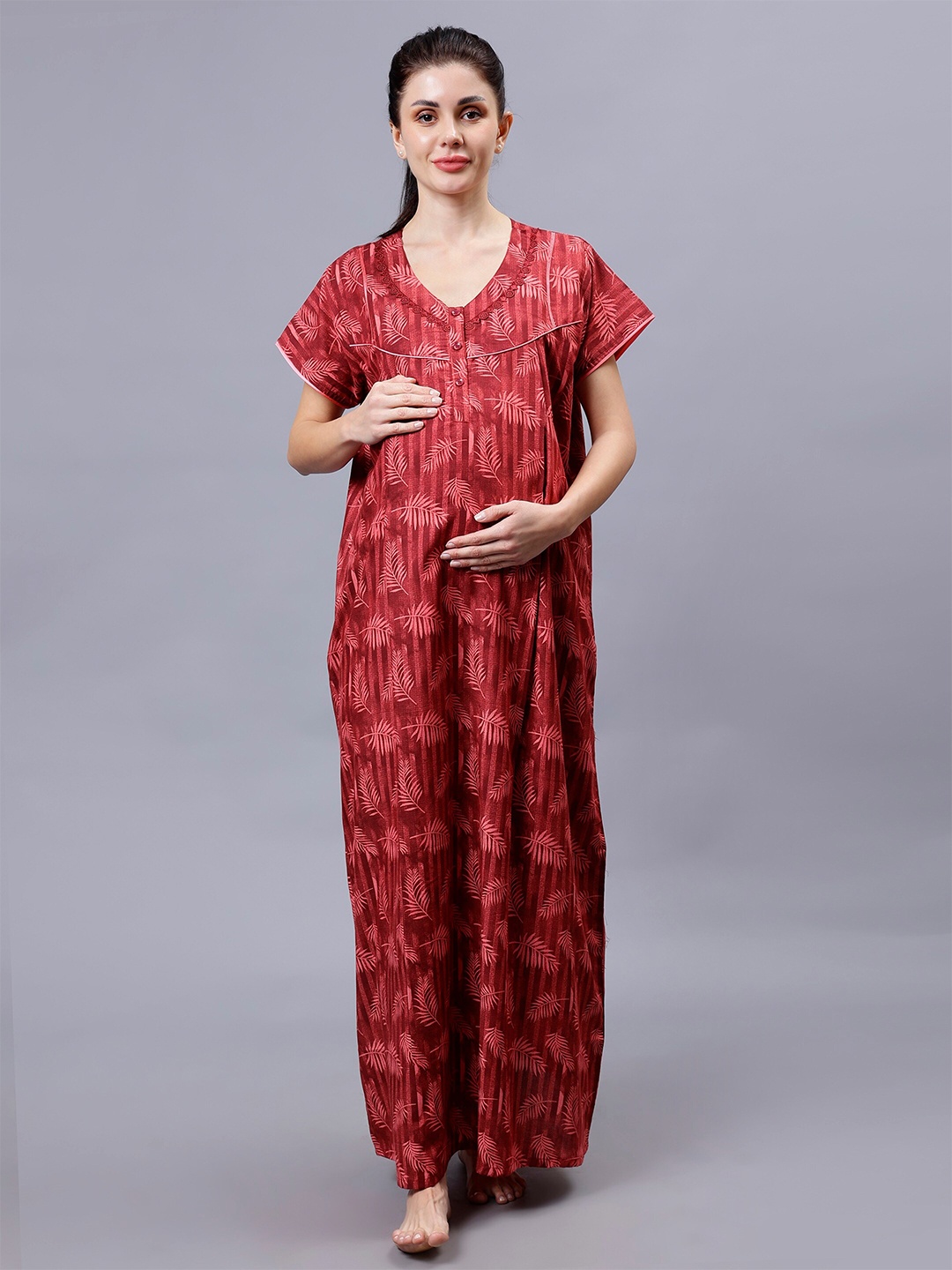 

NIGHTSPREE Women Maternity Printed Maxi Nightdress, Red