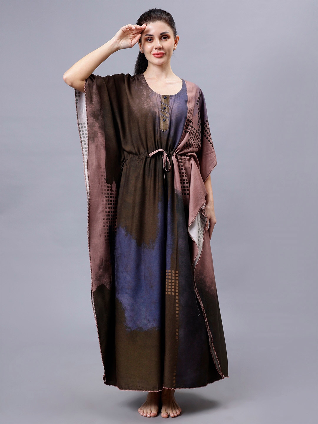 

NIGHTSPREE Women Printed Maxi Kaftan Nightdress, Brown