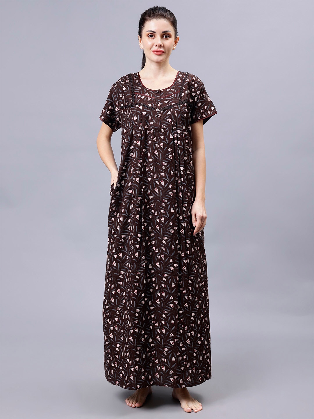 

NIGHTSPREE Women Printed Maxi Nightdress, Brown