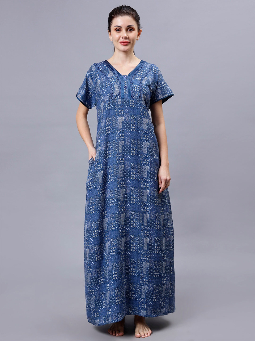 

NIGHTSPREE Women Printed Maxi Nightdress, Blue