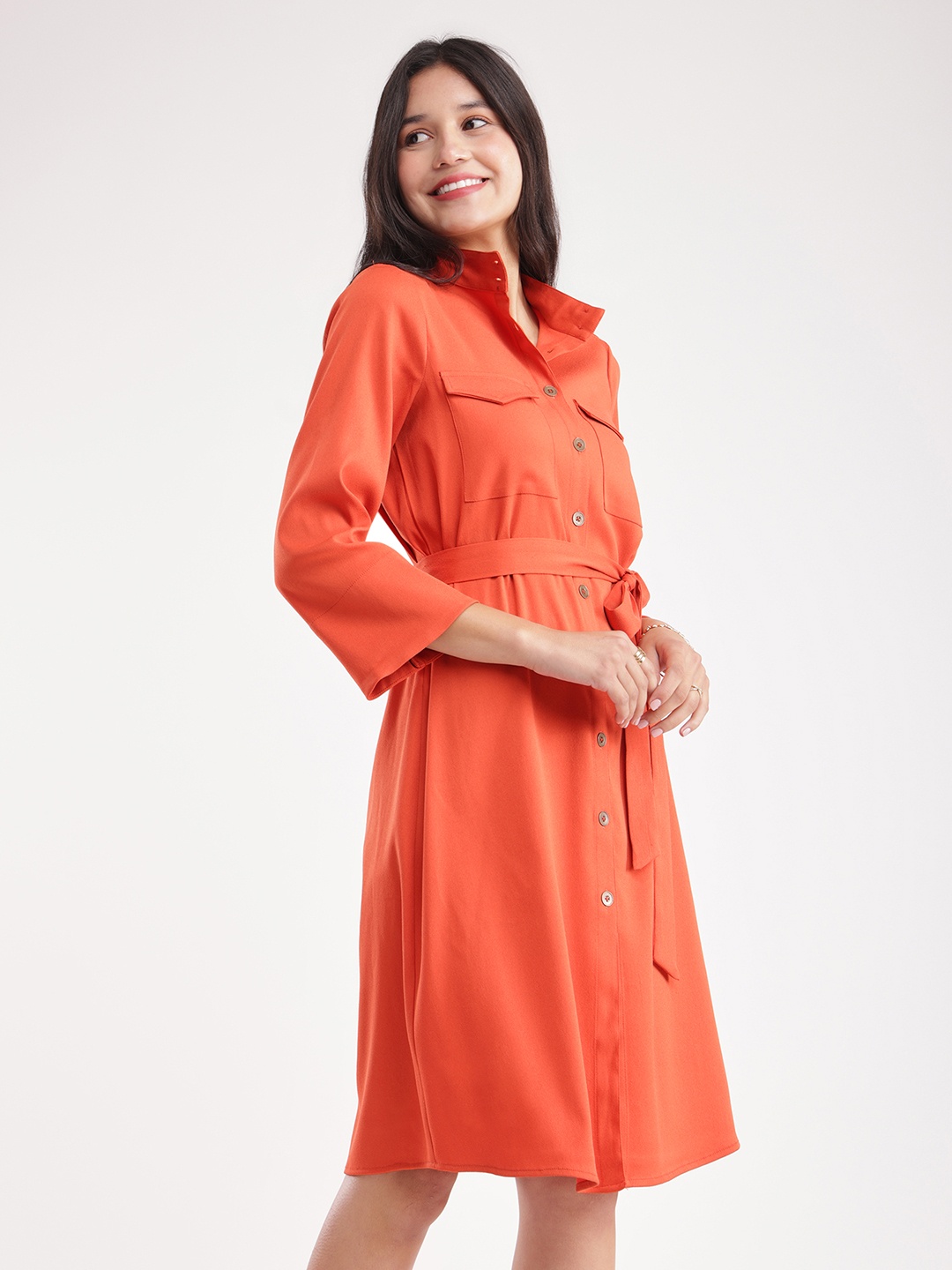 

FableStreet Mandarin Collar Flared Knee Length Shirt Dress, Rust