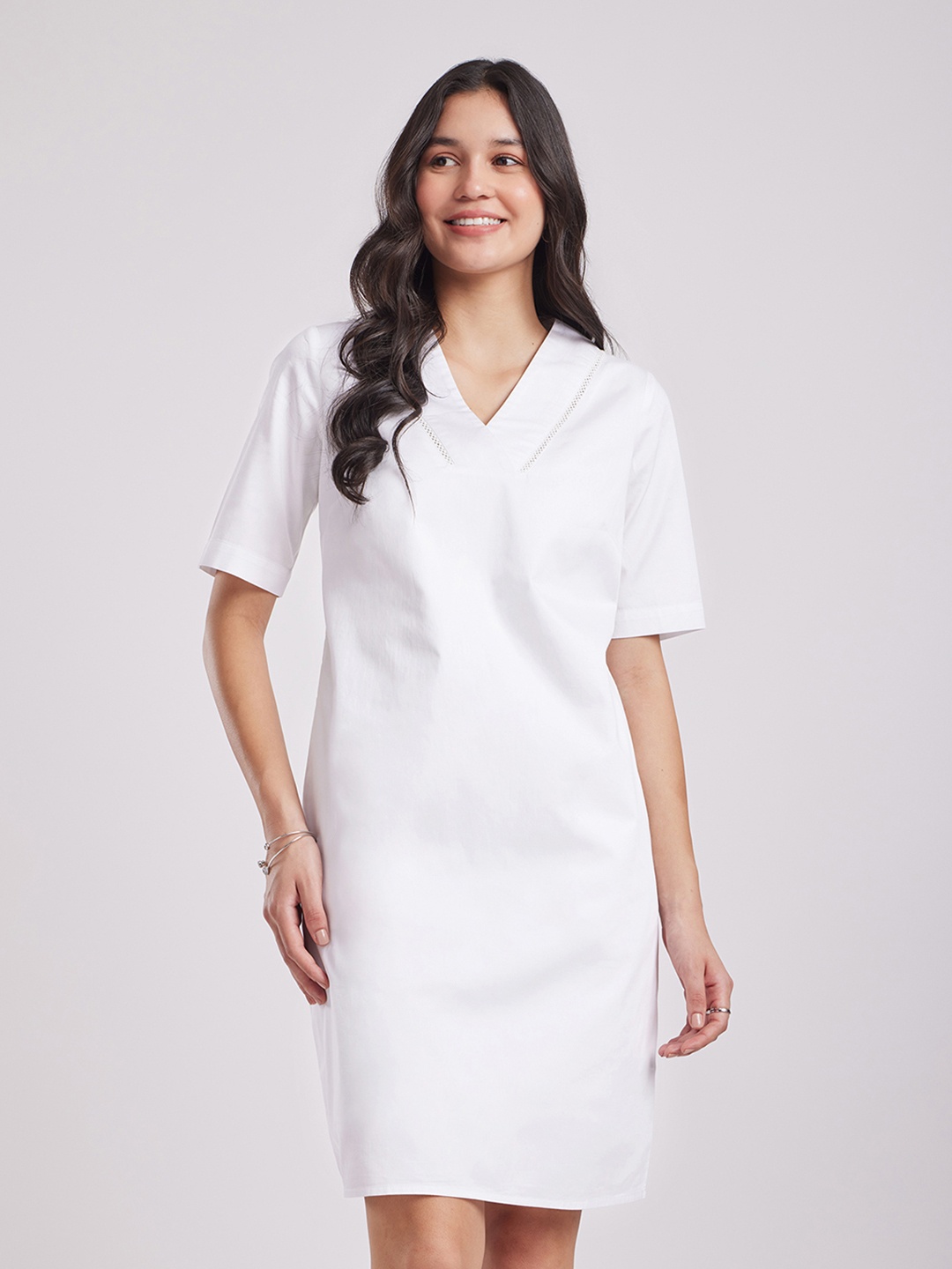 

FableStreet Cotton V-Neck Straight T-shirt Dress, White