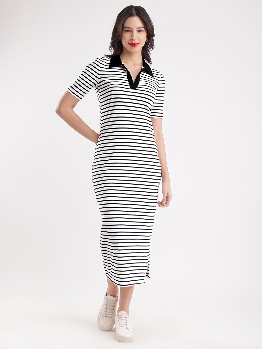 

FableStreet Striped Cotton Shirt Collar Straight T-shirt Maxi Dress, White