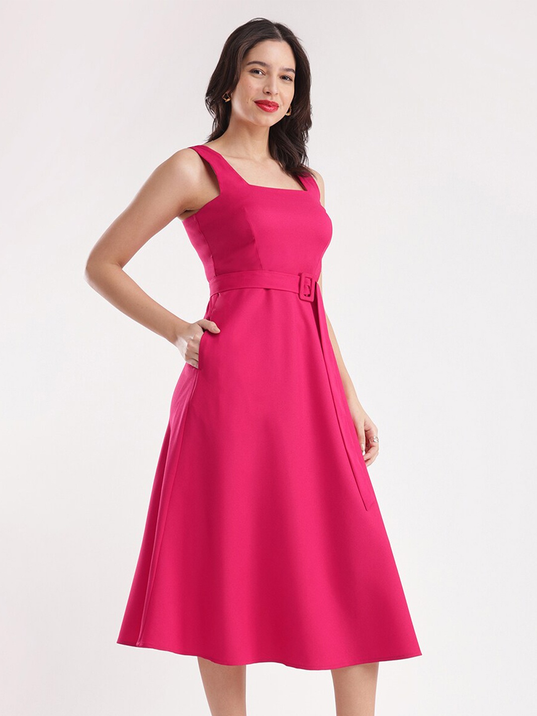 

FableStreet Square Neck Fit & Flare Midi Dress, Fuchsia