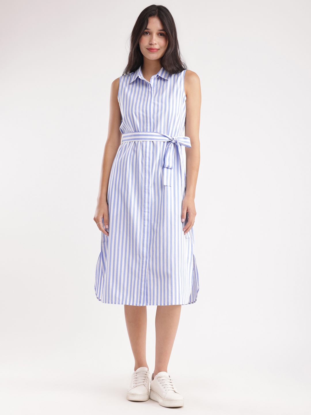 

FableStreet Striped Cotton Shirt Collar Shirt Midi Dress, Blue