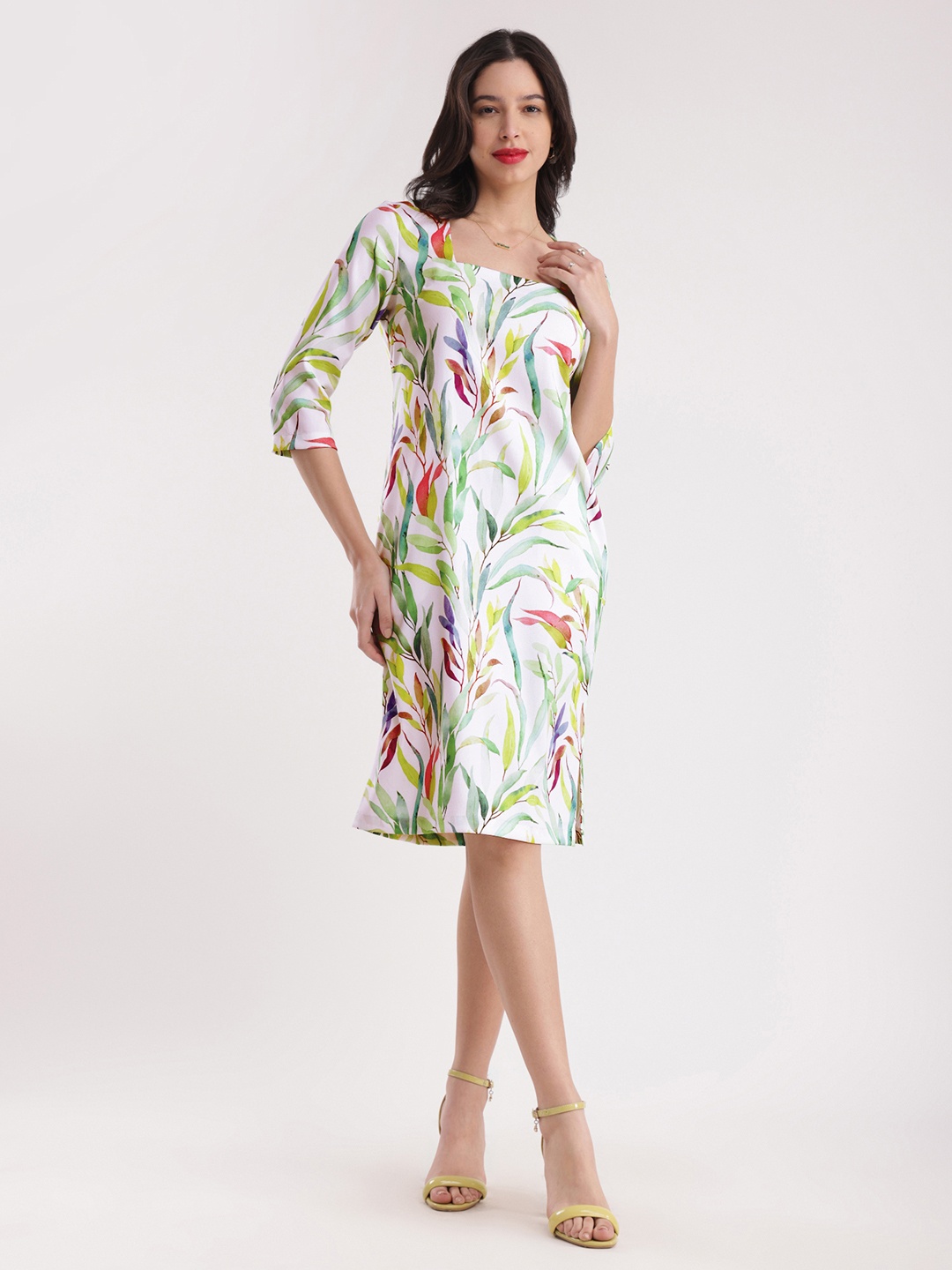 

FableStreet Green and White Square Neck Tropical Print A-Line Dress