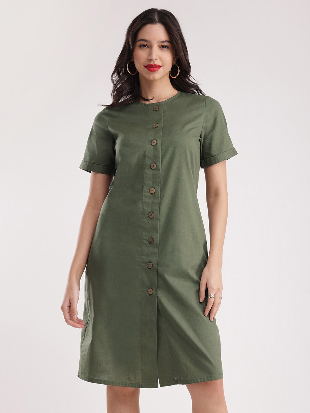 

FableStreet Straight Round Neck Knee Length A-Line Dress, Olive