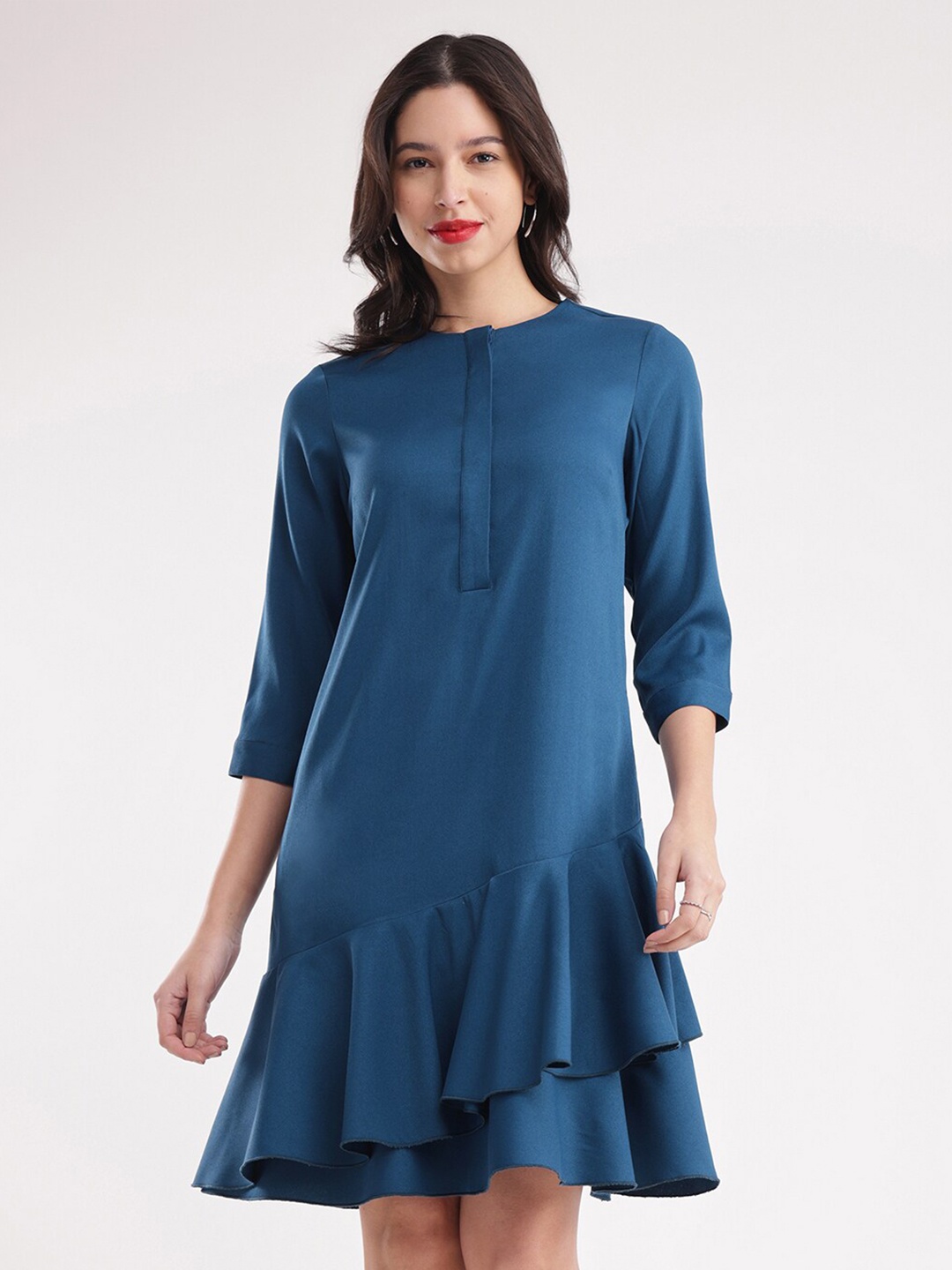 

FableStreet Round Neck Roll-Up Sleeves Opaque Drop-Waist Dress, Teal