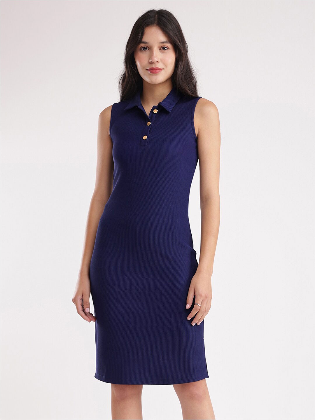 

FableStreet Shirt Collar Sleeveless Opaque Sheath Casual Dress, Navy blue
