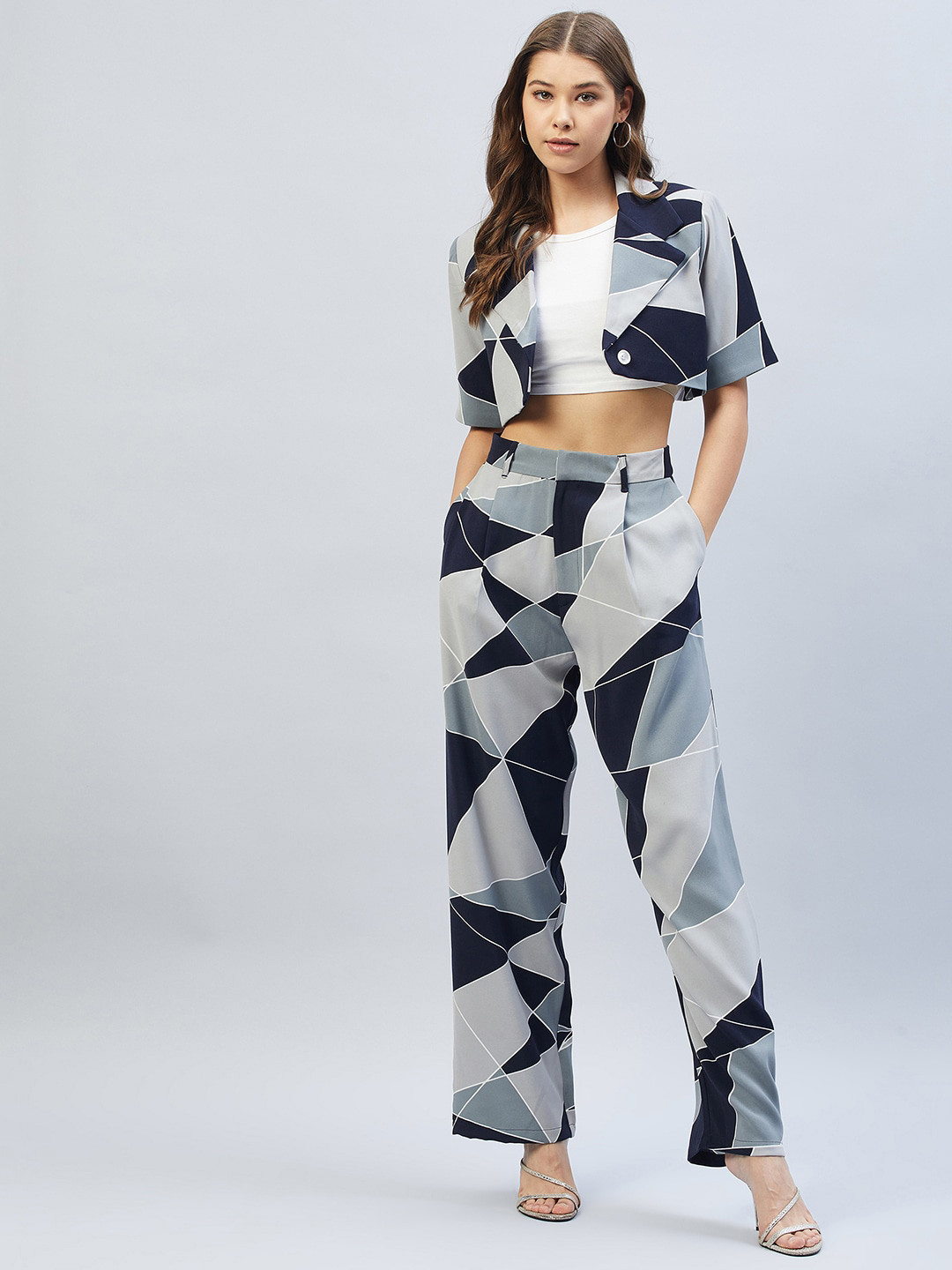 

DELAN Printed Blazer With Trousers Co-Ords, Grey
