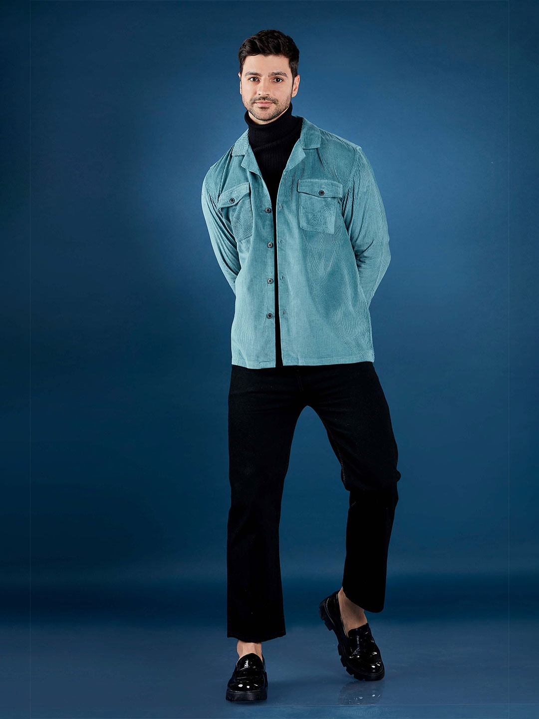

HAMPTONS Pure Cotton Corduroy Fabric Double Pocket Checkered Over Shirt, Blue