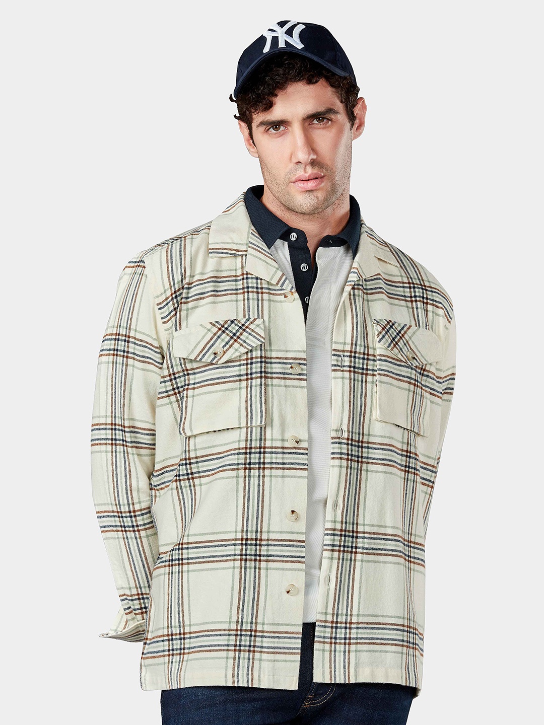 

HAMPTONS Pure Cotton Brushed Fabric Double Pocket Checkered Over Shirt, Green