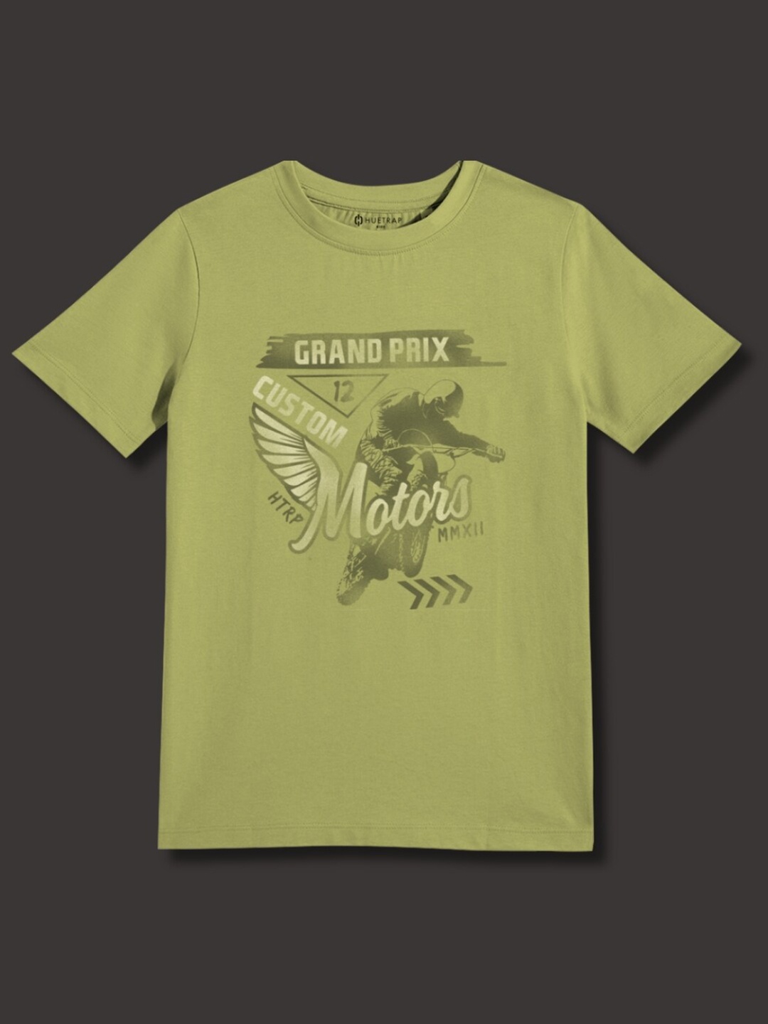 

Huetrap Boys Grand Prix Motors Graphic Printed Cotton T-shirt, Olive
