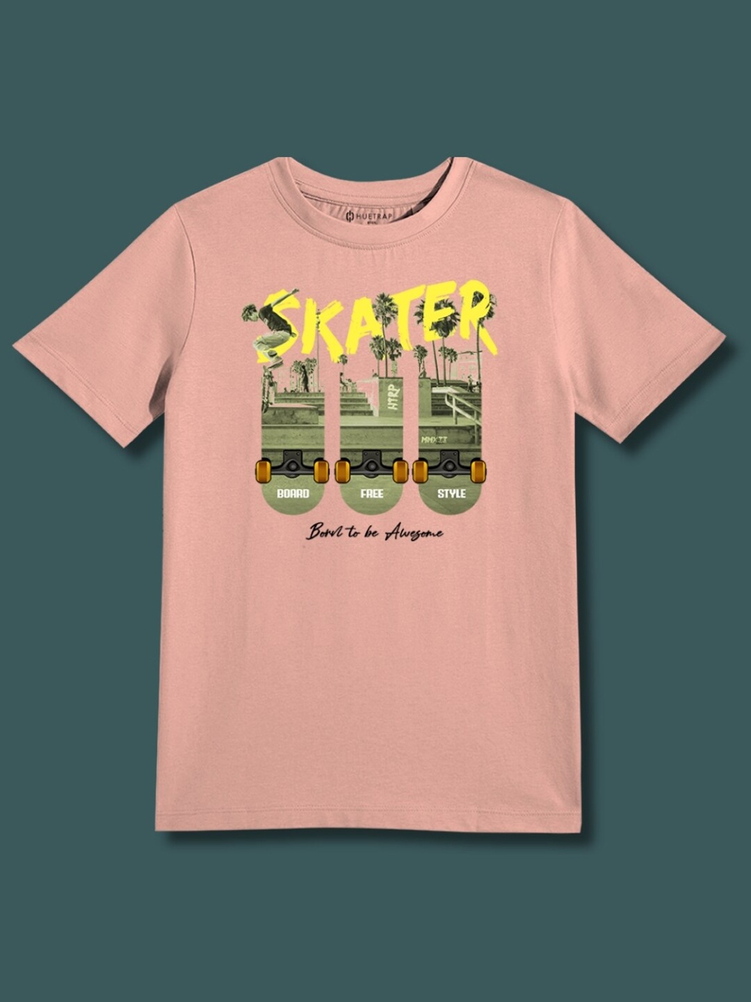 

Huetrap Boys Awesome Skater Graphic Printed Cotton T-shirt, Coral