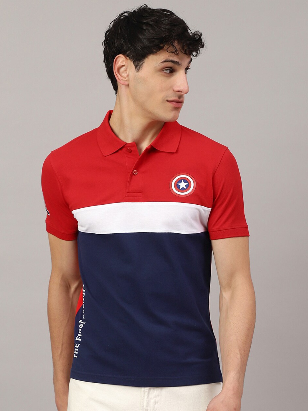 Free Authority Captain America Printed Pure Cotton Polo Collar T-Shirt, Red