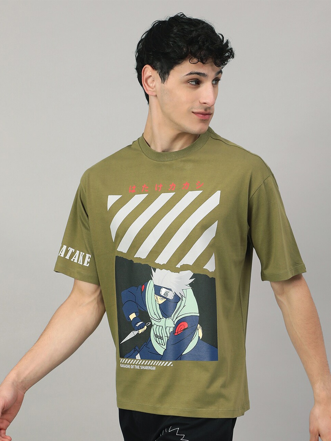 

Free Authority Naruto Printed Loose-Fit Pure-Cotton T-Shirt, Olive