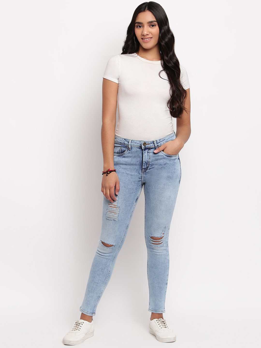 

TALES & STORIES Women Skinny Fit Slash Knee Heavy Fade Denim Jeans, Blue