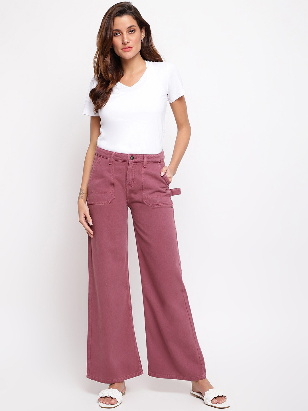 

TALES & STORIES Women Wide Leg Mid-Rise Coloured Shade Clean Look Denim Stretchable Jeans, Maroon