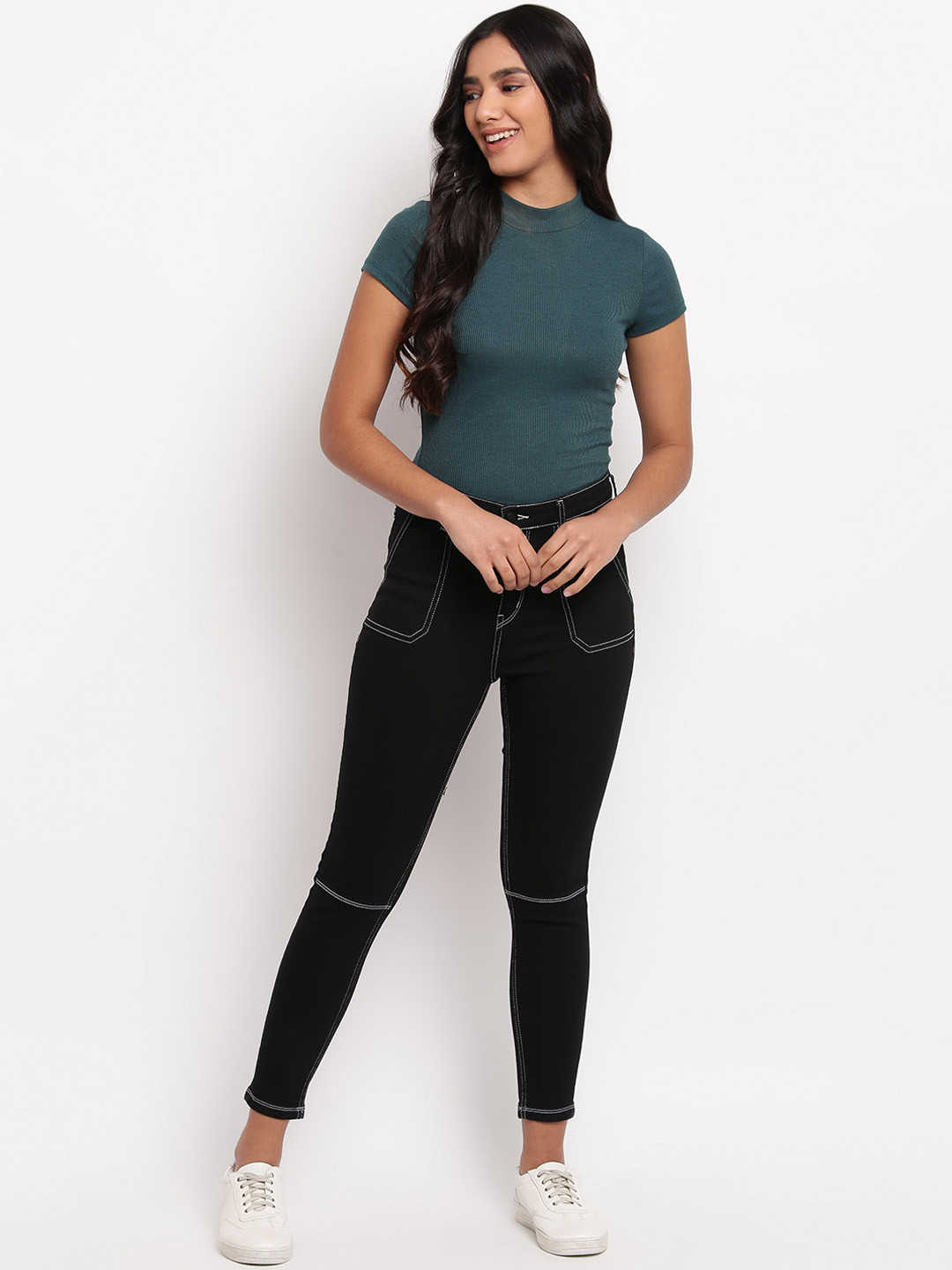 

TALES & STORIES Women Skinny Fit Mid-Rise Dark Shade Clean Look Cropped Stretchable Denim Jeans, Black
