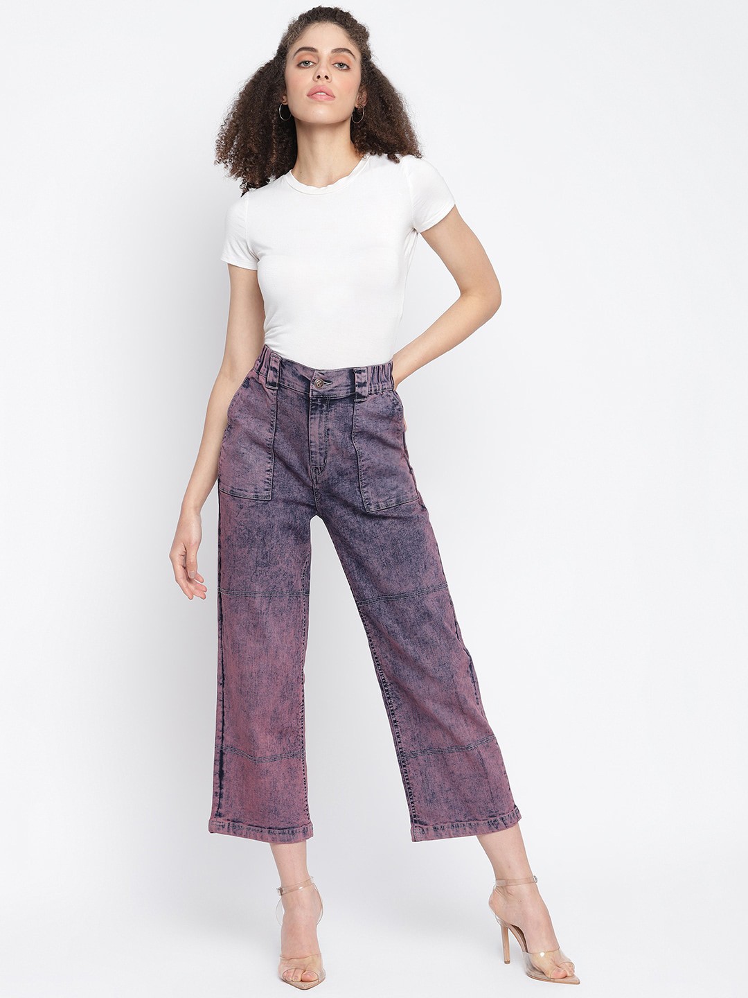 

TALES & STORIES Women Wide Leg Clean Look Heavy Fade Stretchable Denim Jeans, Purple