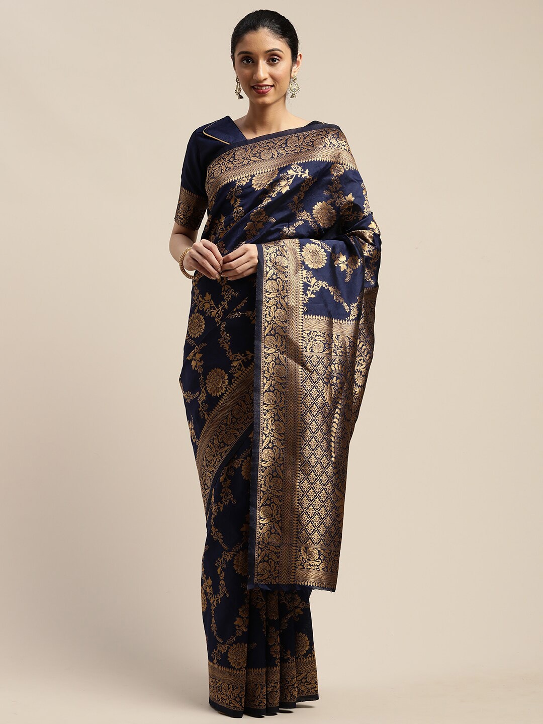 

Mitera Woven Design Floral Zari Maheshwari Saree, Navy blue