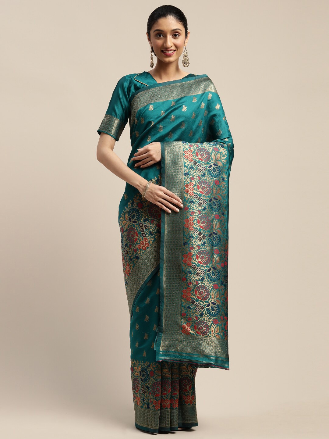 

Mitera Woven Design Zari Maheshwari Saree, Turquoise blue