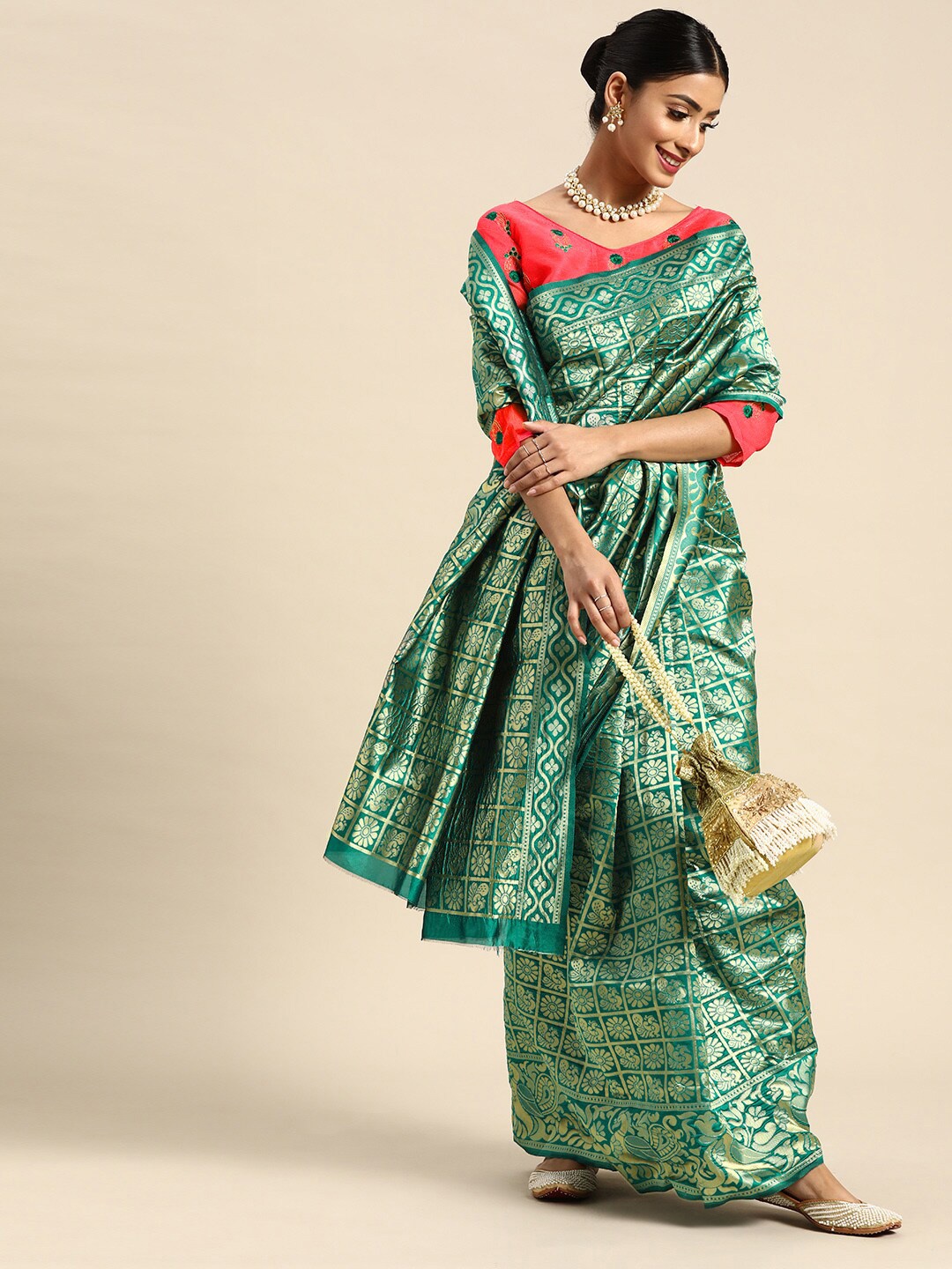 

Mitera Ethnic Motifs Zari Banarasi Saree, Green