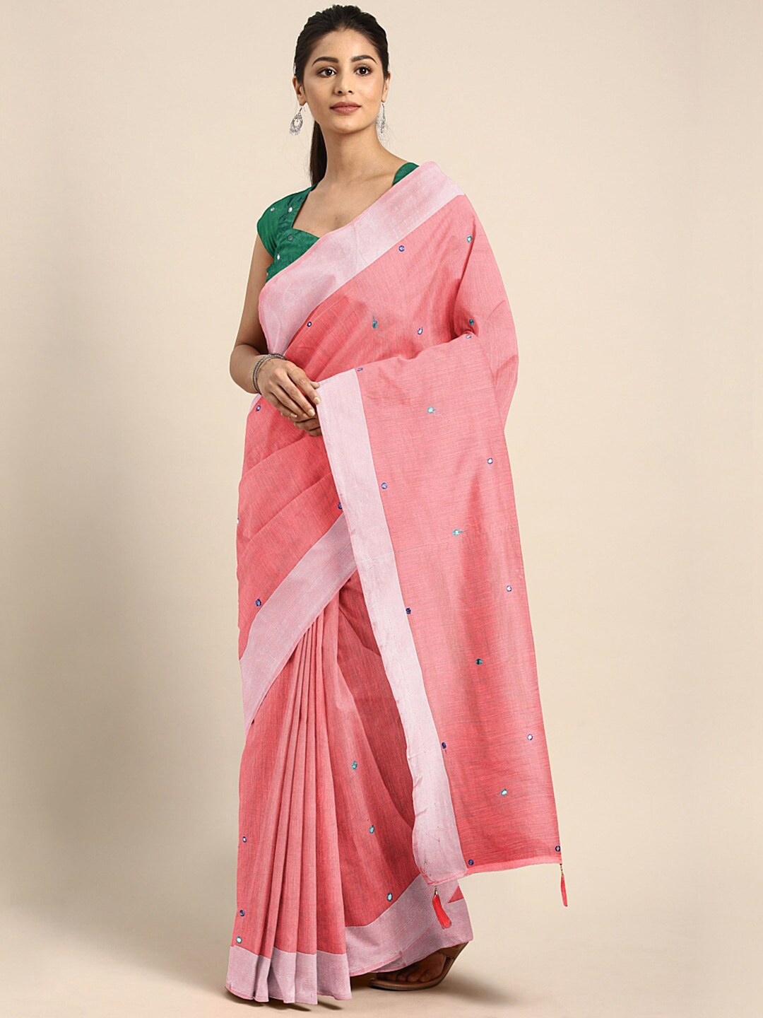 

Mitera Embroidered Mirror Work Chanderi Saree, Pink