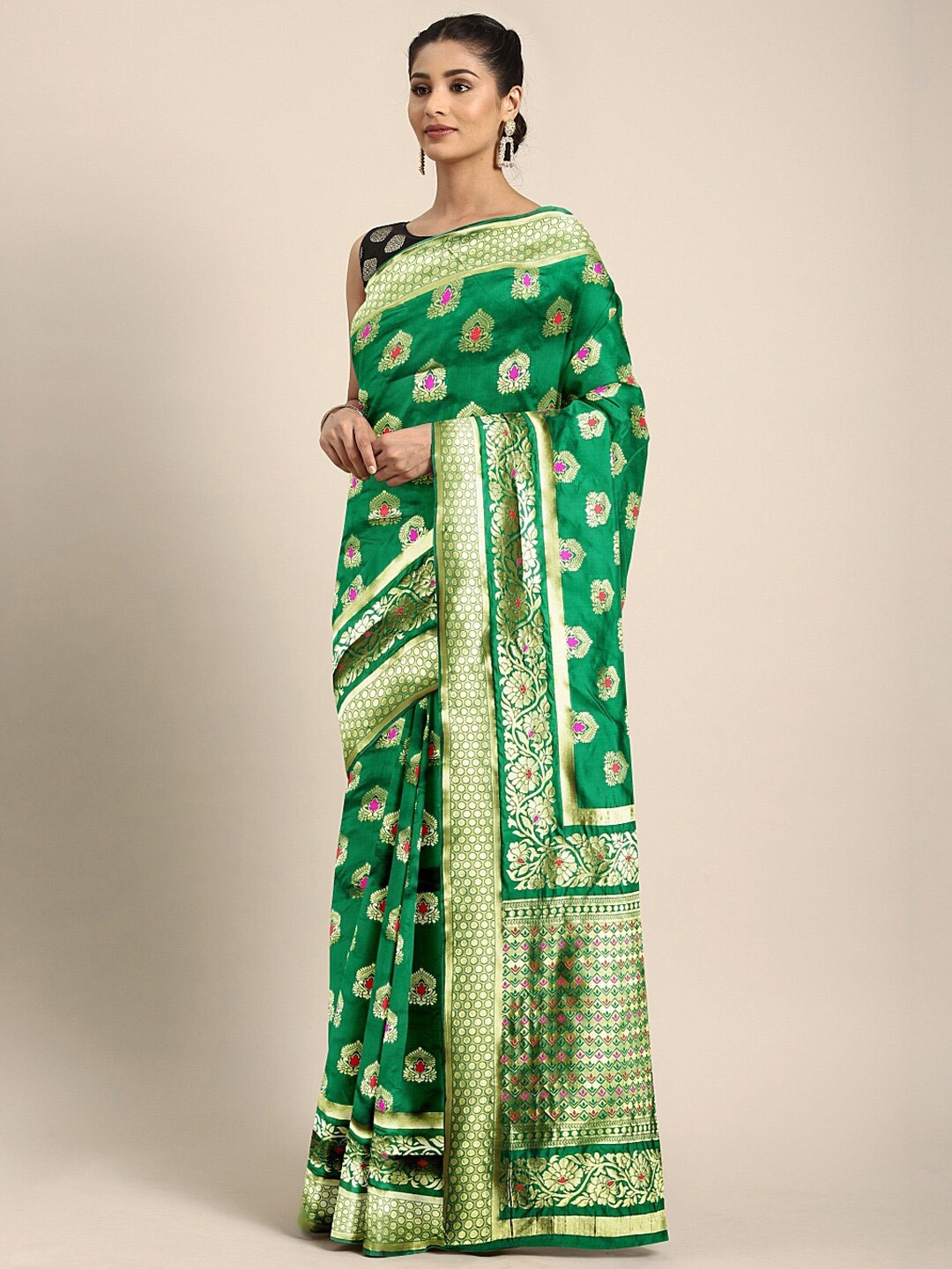 

Mitera Ethnic Motifs Zari Kanjeevaram Saree, Green
