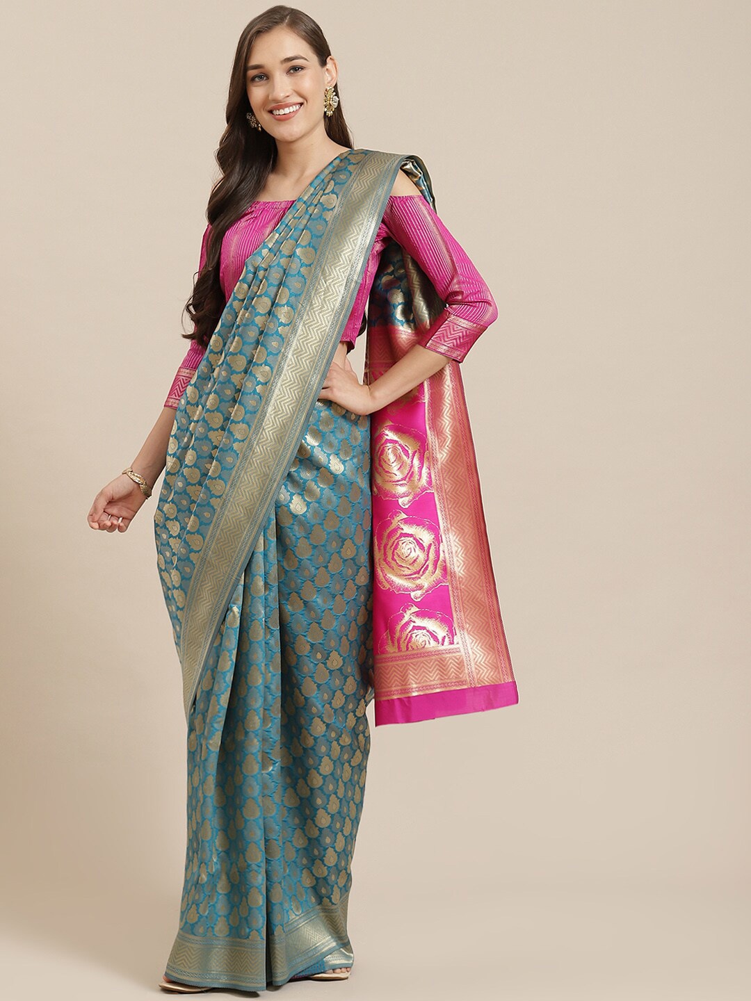 

Mitera Woven Design Zari Kanjeevaram Saree, Teal