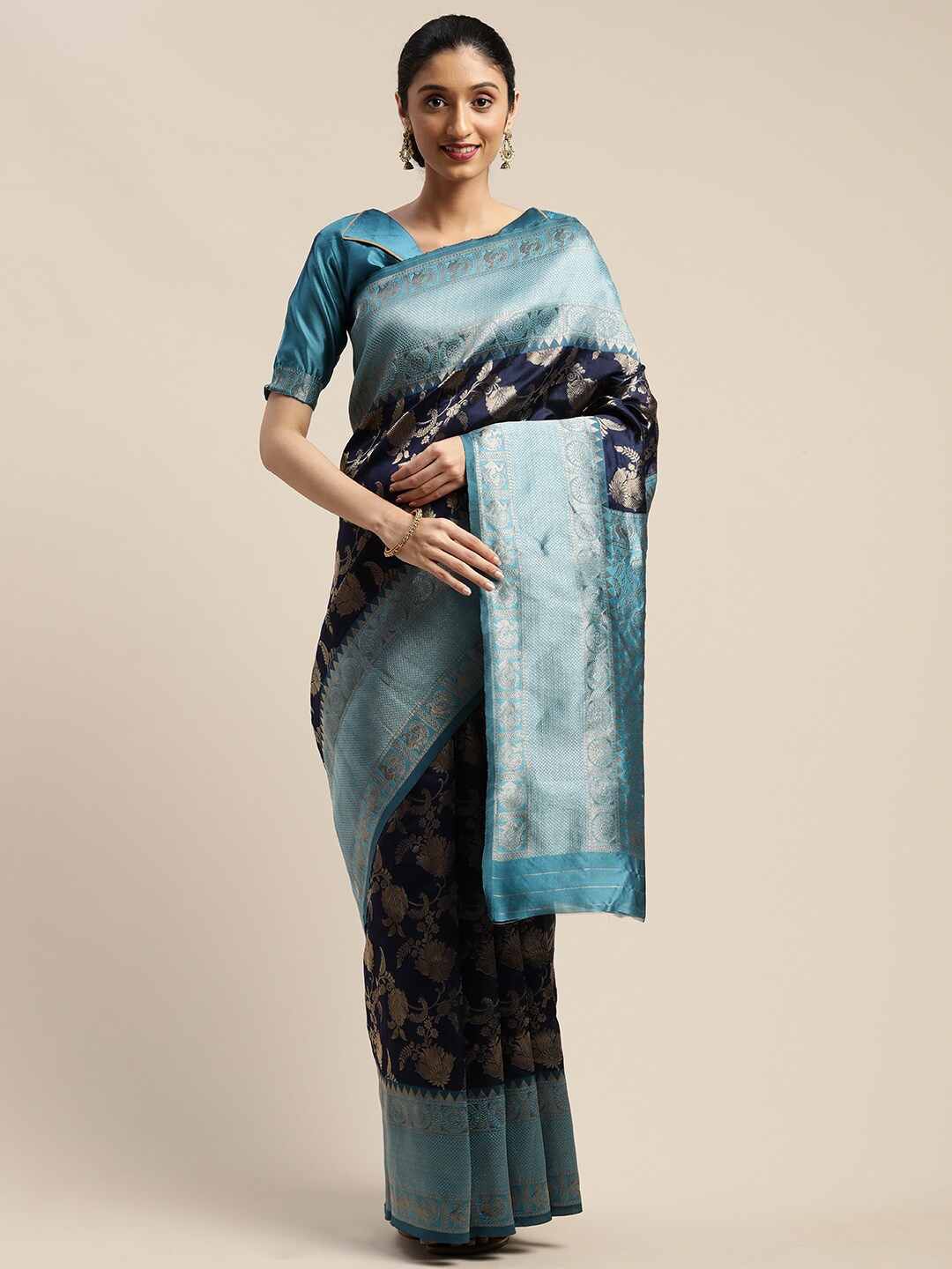 

Mitera Ethnic Motifs Zari Maheshwari Saree, Blue