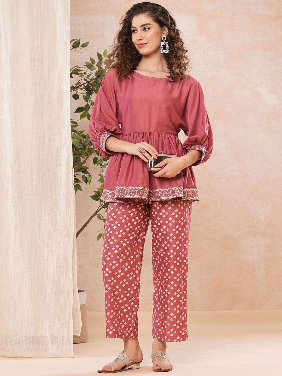 

Globus Round Neck Peplum Tunic With Printed Trousers Co-Ords, Pink